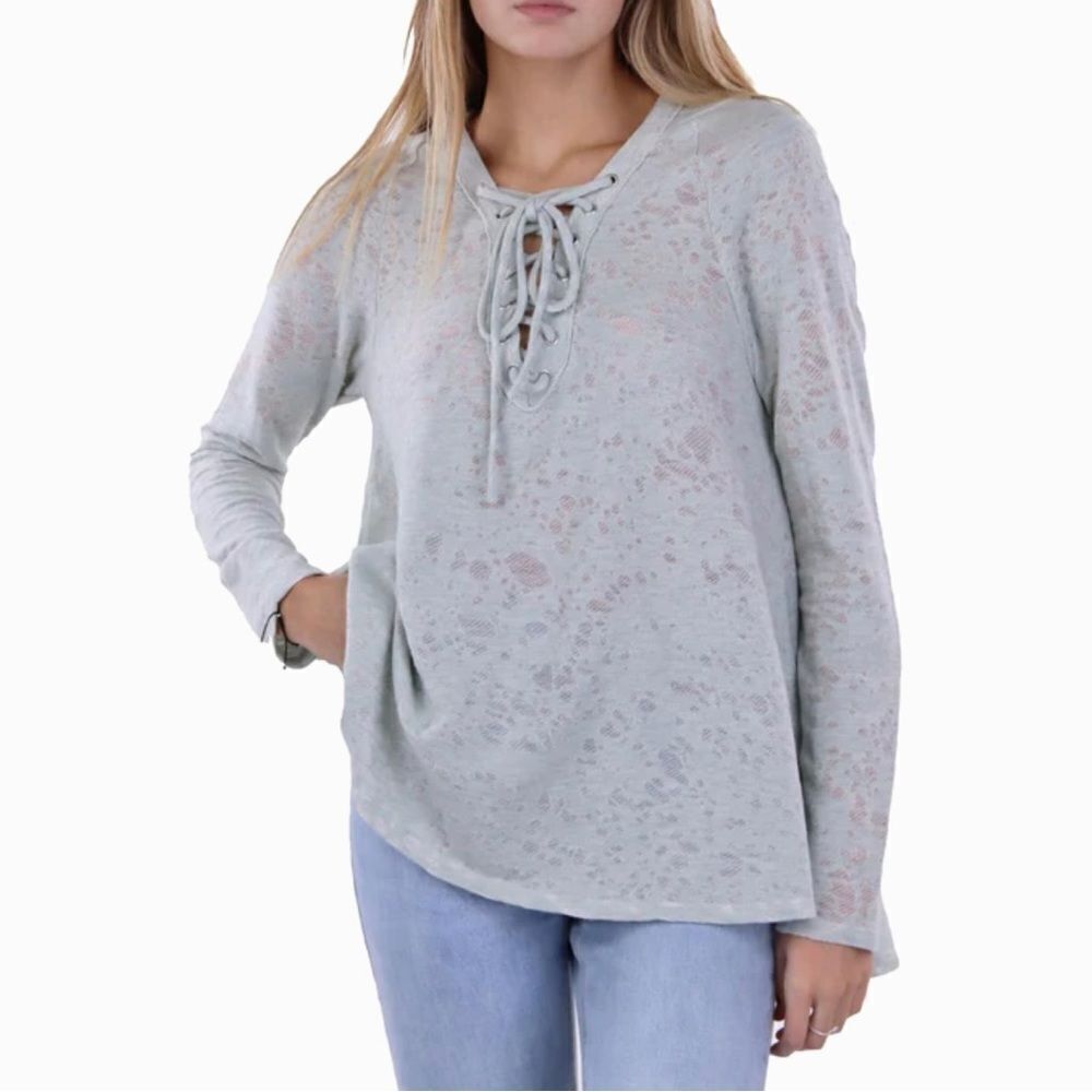 Anthropologie Maronie blue grey Distressed Hoodie long sleeve top sz S tie up